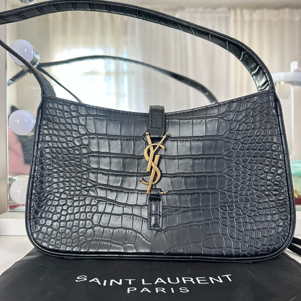 Saint Laurent Dark Gray Croc-Embossed Shoulder Bag